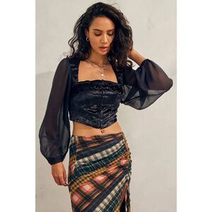 Urban Outfitters UO Black Velour Peggy Portrait Smocked Crop Top